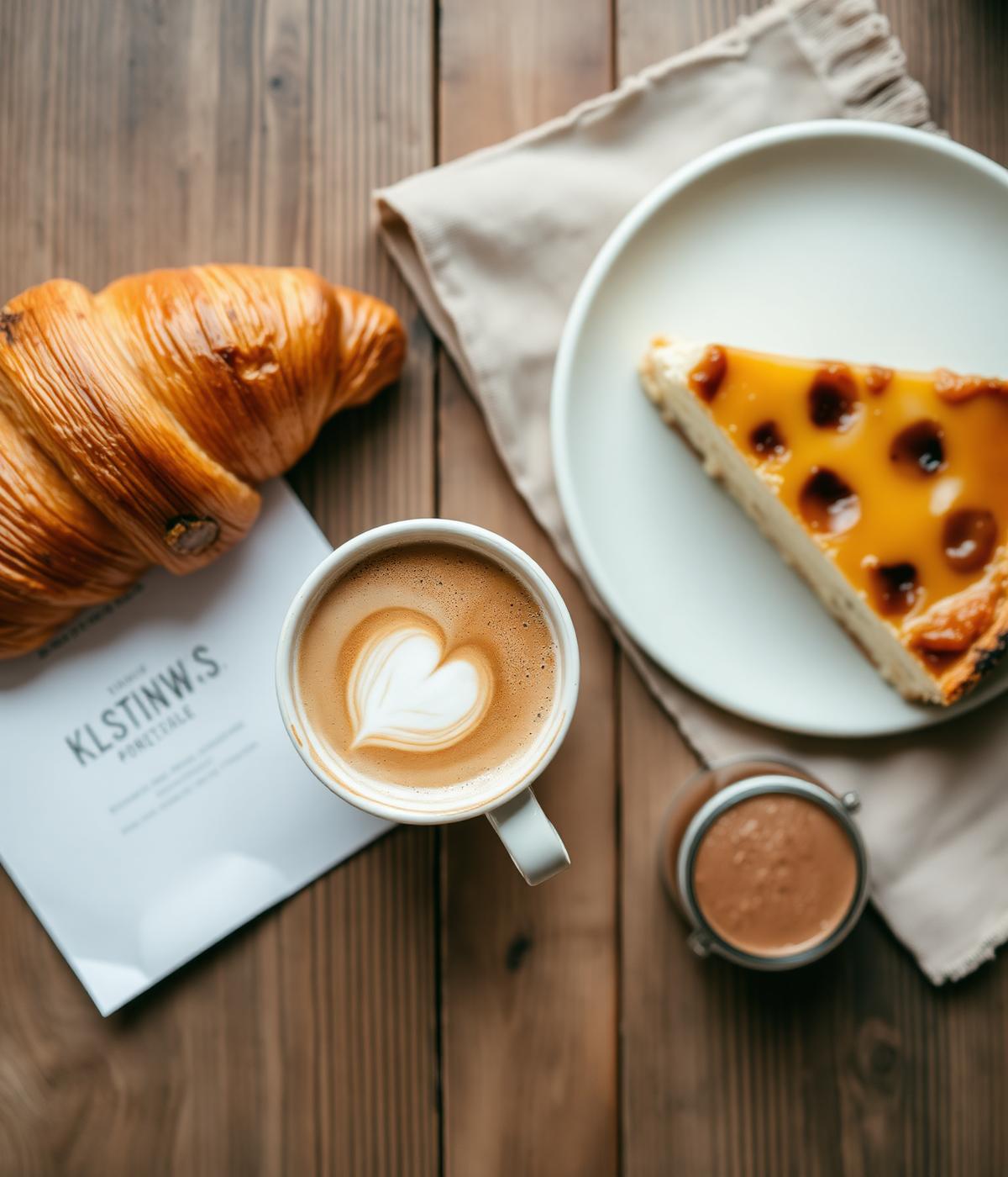 Cappuccino, Croissant und Käsekuchen auf rustikalem Holztisch